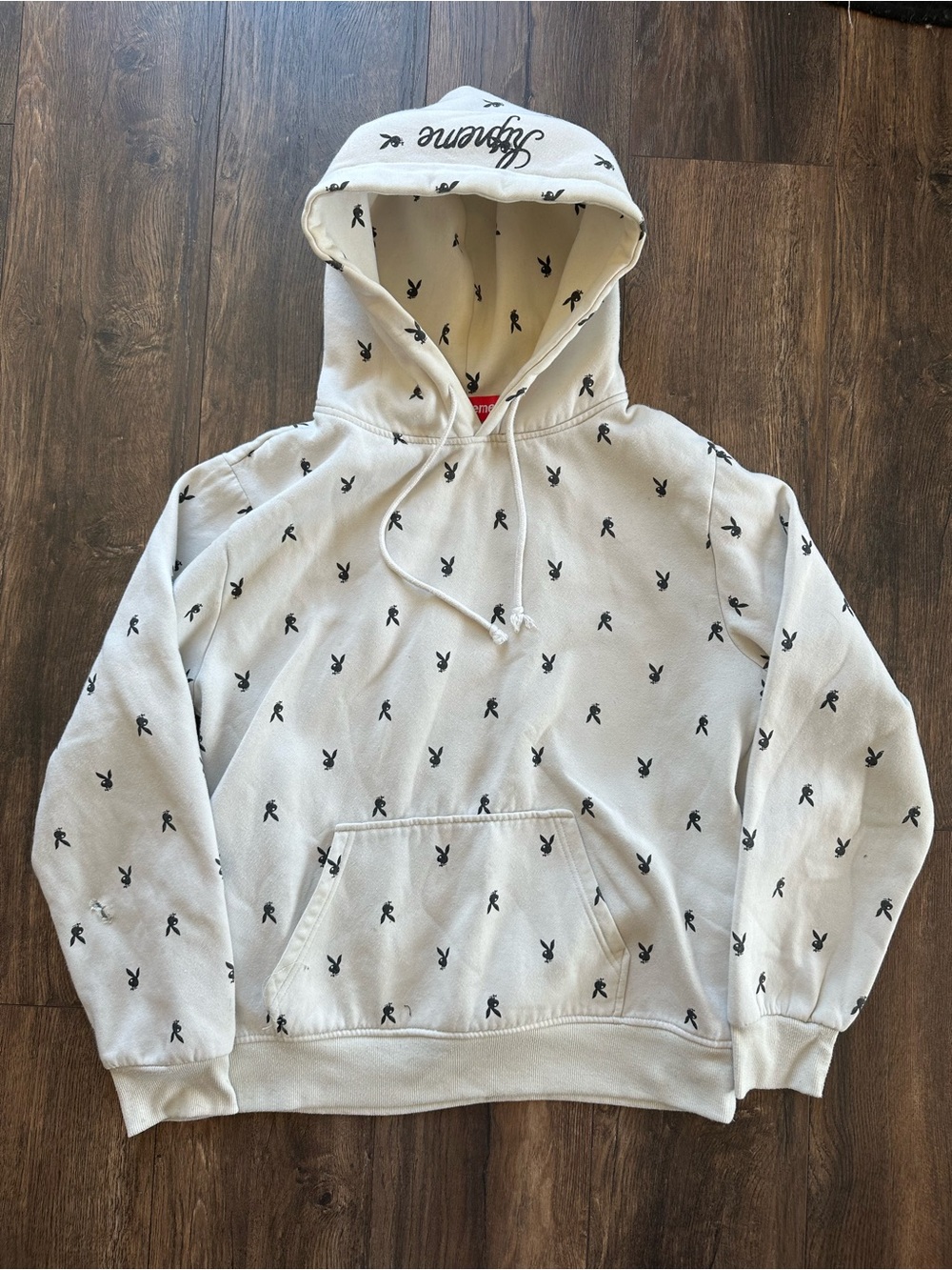 Supreme White Hoodie with All-Over Black Logo Print